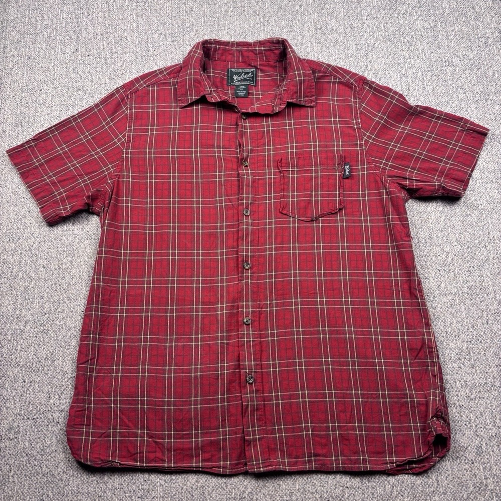 Woolrich Mens L Red Plaid Button Up‎ Shirt Short Sleeve Outdoor